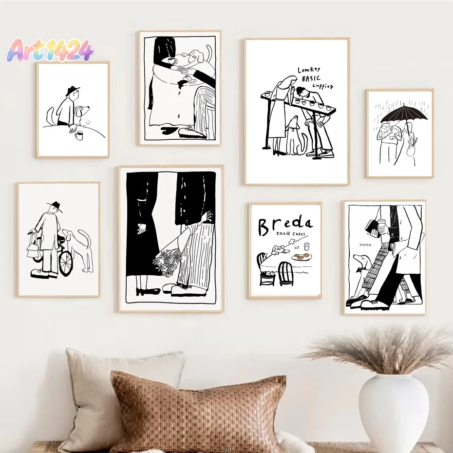 Korean Arts And Lifestyle - โปสเตอร์ศิลปะสไตล์สแกนดิเนเวียนมินิมอล 1 ชิ้น ภาพประกอบสไตล์อนิเมะสีขาวดำแบบเกาหลีสมัยใหม่ ลายสุนัขและคู่รัก สำหรับตกแต่งบ้านและสำนักงาน