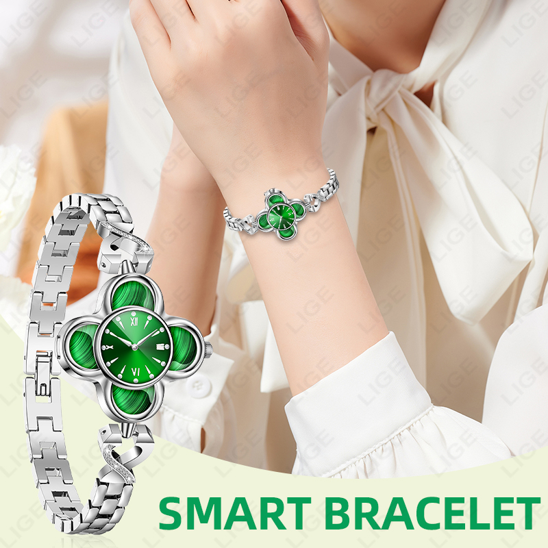 Korean Luxury Lifestyle - นาฬิกาข้อมือผู้หญิงแบบสายรัด ดีไซน์หรูหรา ประดับเพชร แสงสีสวยงาม พร้อมไข่มุกเม็ดเล็ก ดีไซน์รูปใบโคลเวอร์