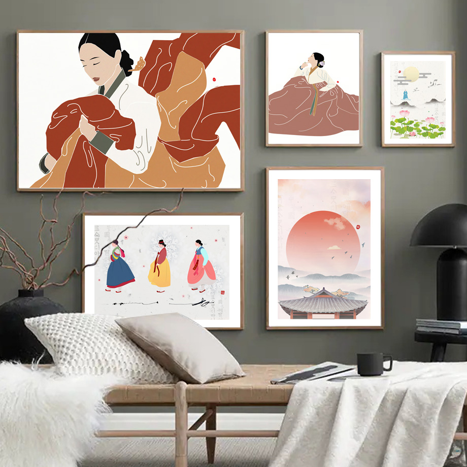 Korean Lifestyle Aesthetic - สไตล์เกาหลีโบโฮฮันบกสาวเอเชียศิลปะความงามพิมพ์ภาพวาดผ้าใบโปสเตอร์สำหรับห้องนั่งเล่นตกแต่งบ้านโมเดิร์น